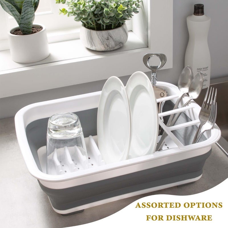 Kitchen Details Collapsible Dish Drying Rack | Space Saver | Aerated Bases Drain Holes | Plates, Bowls, Utensils Compartments | Countertop and Sink Storage | White/Grey - Image 2